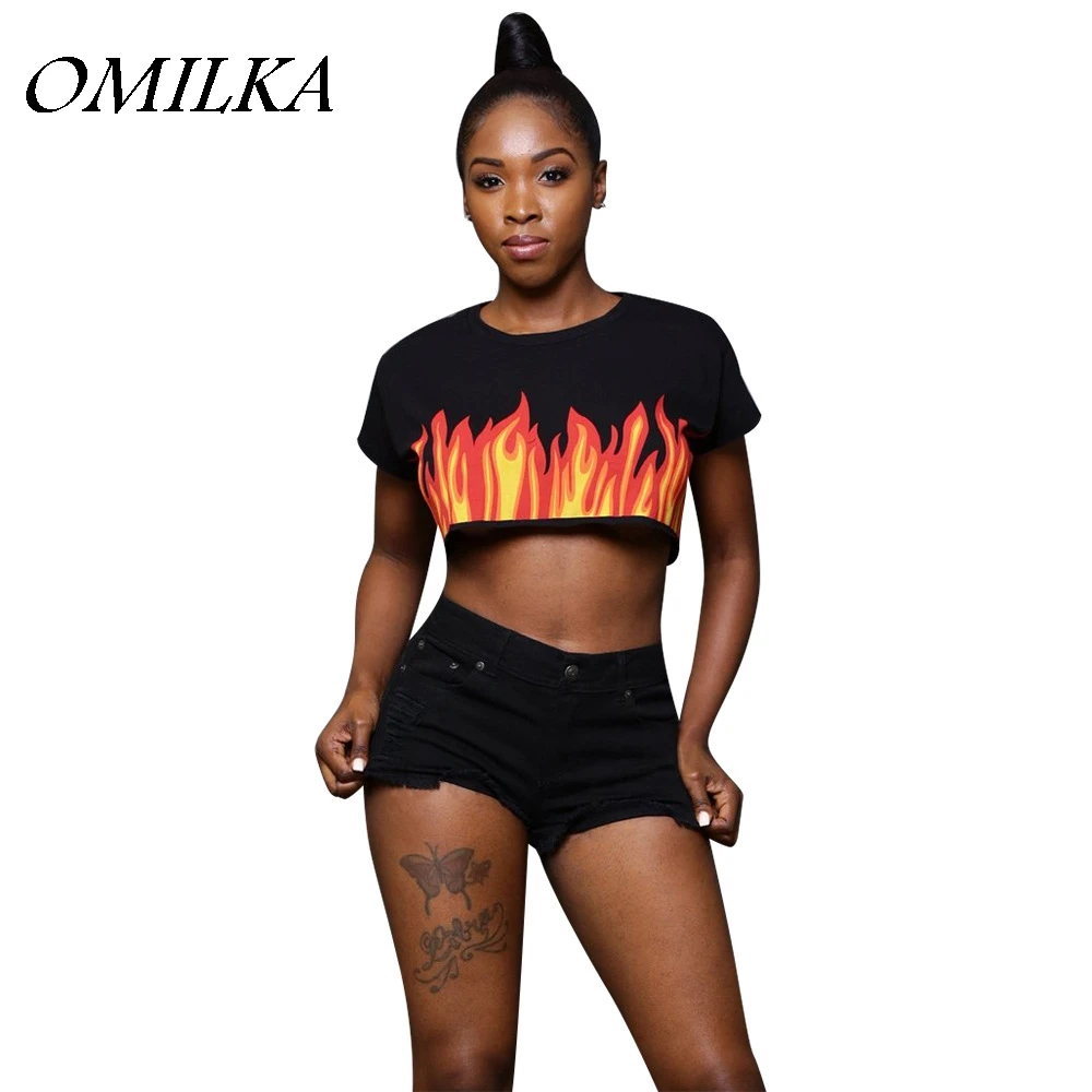 

OMILKA 2017 Hot Summer Women Short Sleeve O Neck Crop Tops Casual Black White Fire Printed Harajuku Hip Hop Short T Shirts