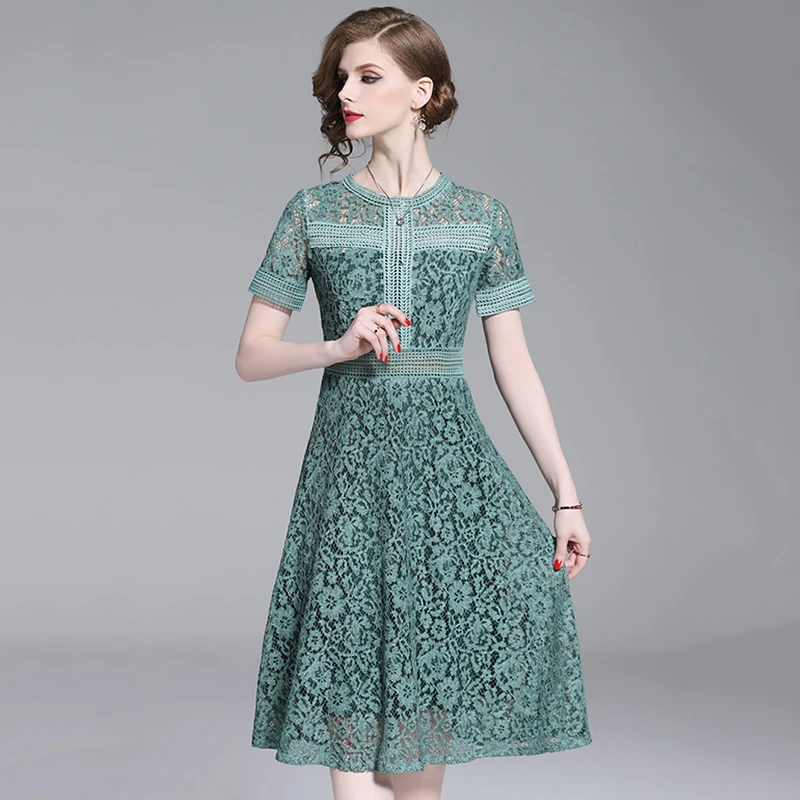 JTCY Summer Women Solid Vintage Lace Dress Party Short Sleeve O-Neck Hollow Out Sexy Female A-Line Knee-Length | Женская одежда