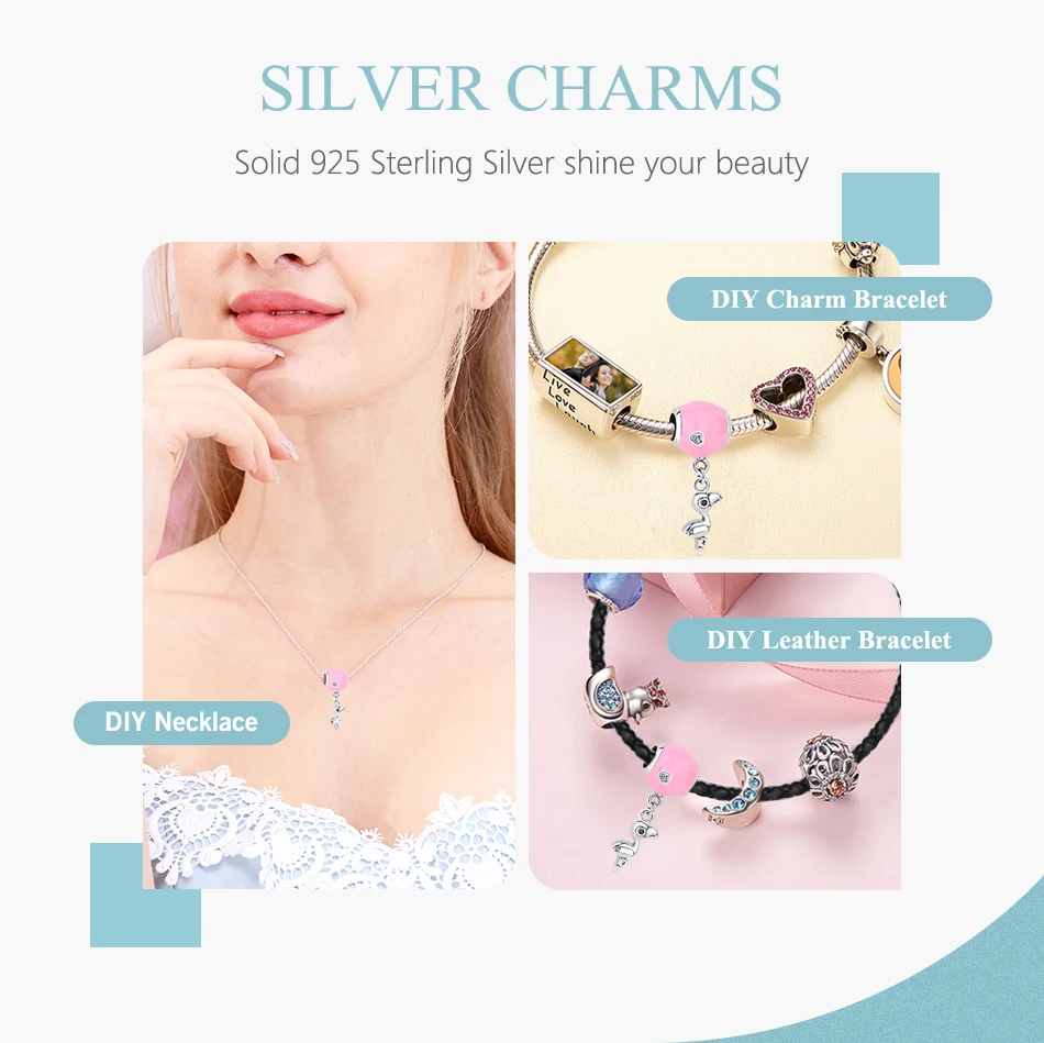 100% 925 Sterling Silver Bead Charm Tropical Flamingo Pendant Charms Fit Bracelets Necklaces Women DIY Jewelry | Украшения и