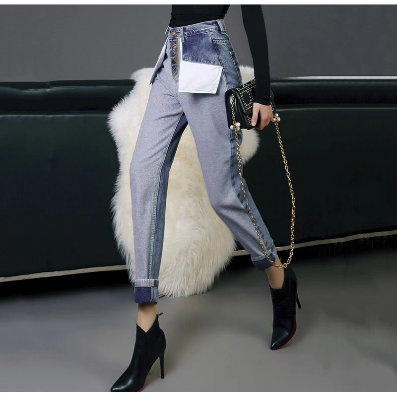NLW NEW Women Casual High Waist Jeans Casual High Street Jeans Female Stylish Spliced Fake Pocket Long Pants Capris