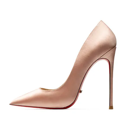 champagne silk 12cm Качественные пикантные женские туфли-лодочки из шелкового атласа; туфли с красной подошвой; свадебные модельные туфли с острым закрытым носком на высоком тонком каблуке; туфли на шпильке - Цвет: champagne silk 12cm
