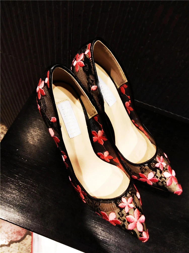 Kmeioo Elegant Embroider Flower Shoes Woman Wedding Pumps Pointed Toe High Heels Lace Stiletto Thin Heel Spring New S | Обувь