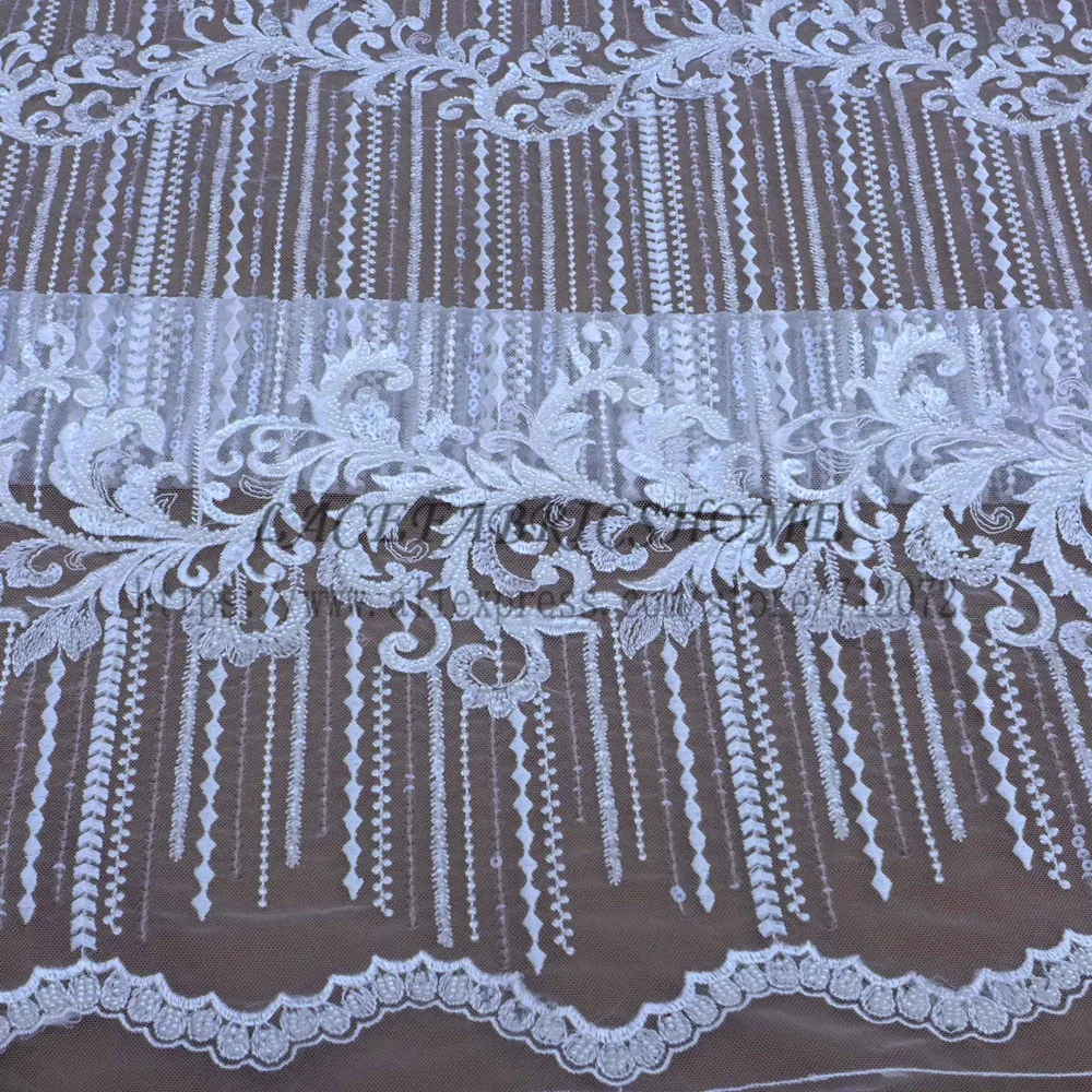 

High quality off white simple line heavy beaded on net yarn embroidery wedding dress/evening dress lace fabirc 130cm by yard