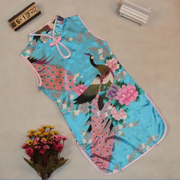 Детское платье-Чонсам без рукавов в стиле ретро с китайским павлином для