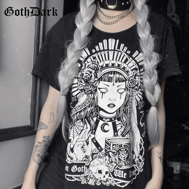 Женская футболка с принтом Goth Dark, уличная летняя футболка в стиле Харадзюку, черная свободная футболка с принтом