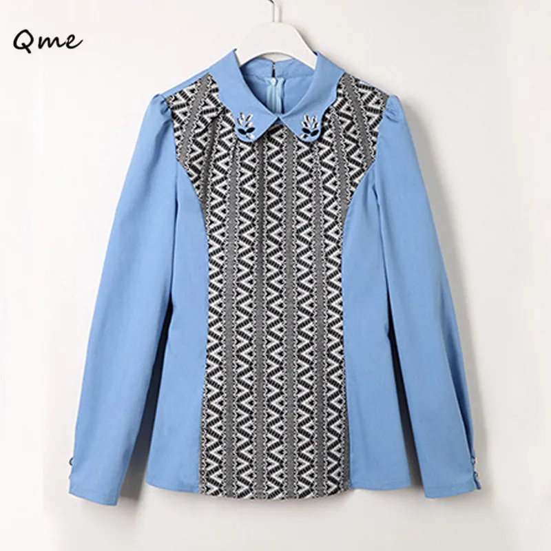 Women blouses shirt striped long sleeve casual shirts with beads print turn down collar korean fashion clothing blue blusa WD483 |