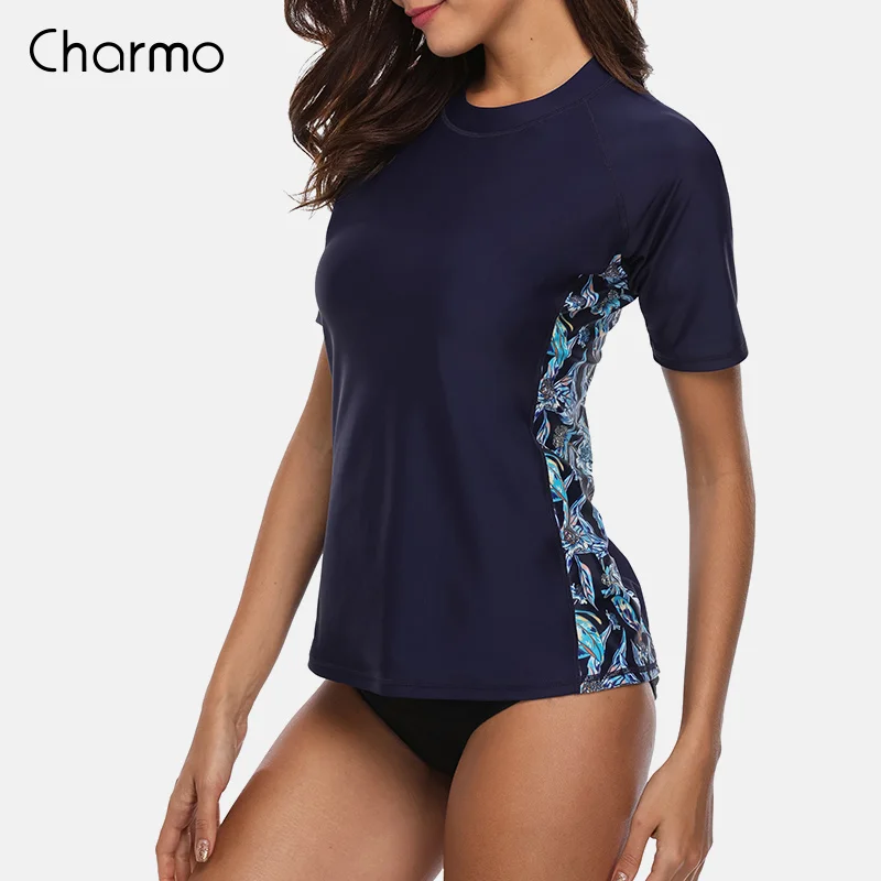 Charmo, Женский Рашгард с коротким рукавом, купальник, цветочный принт, для бега, рубашка для езды на велосипеде, для серфинга, топ, купальники, Рашгард, UPF 50