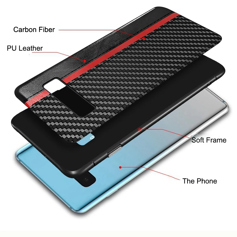 PU Leather Carbon Fiber Texture Phone Case for Samsung Galaxy S10 Hard Back Cover Plus S10e Coque |