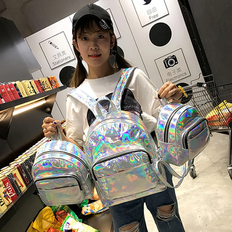 Новинка 2019 женский рюкзак школьная сумка Радужный Многоцветный металлический