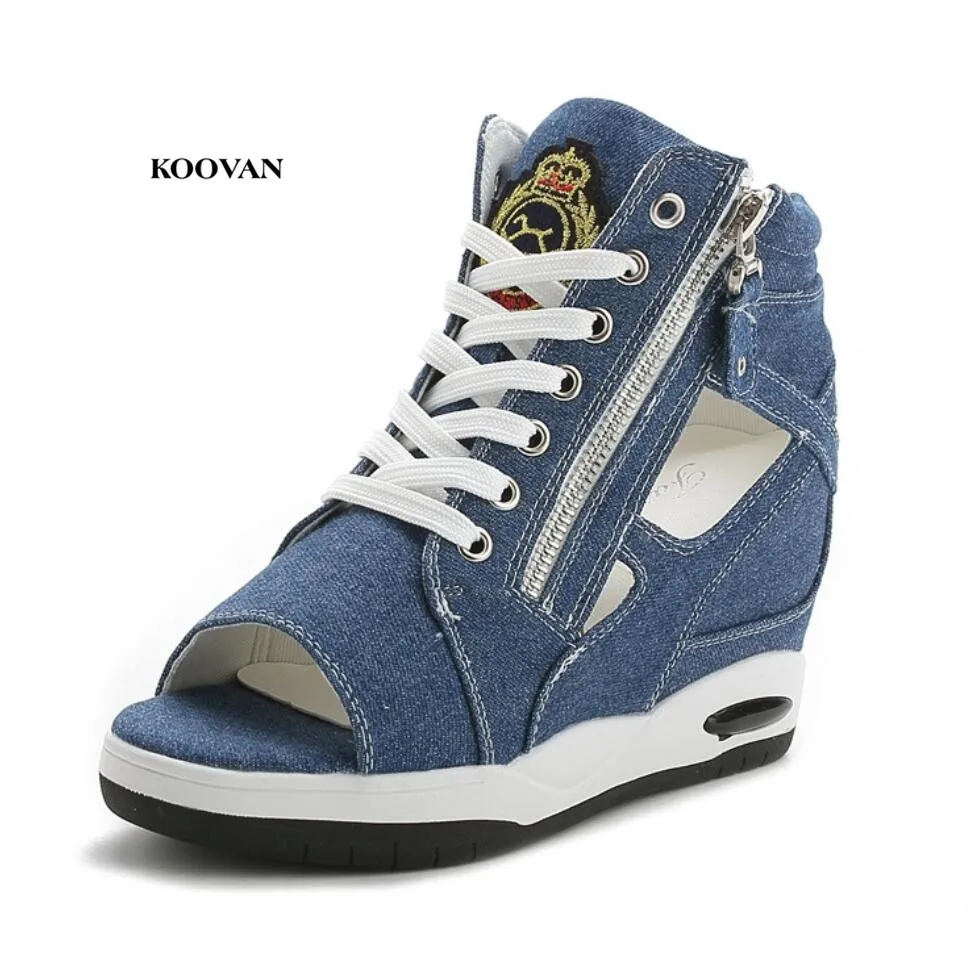 

Koovan Women's Increased Sandals 2018 Summer Hollow Women Shoes Increased Thick Denim Shoes Casual Lace Sandals Boots