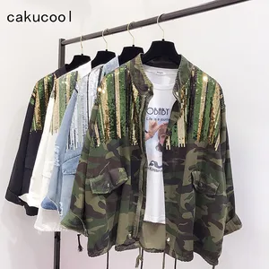Женская джинсовая куртка Cakucool, камуфляжная куртка-бомбер с блестками и длинным рукавом, на шнуровке, большого размера