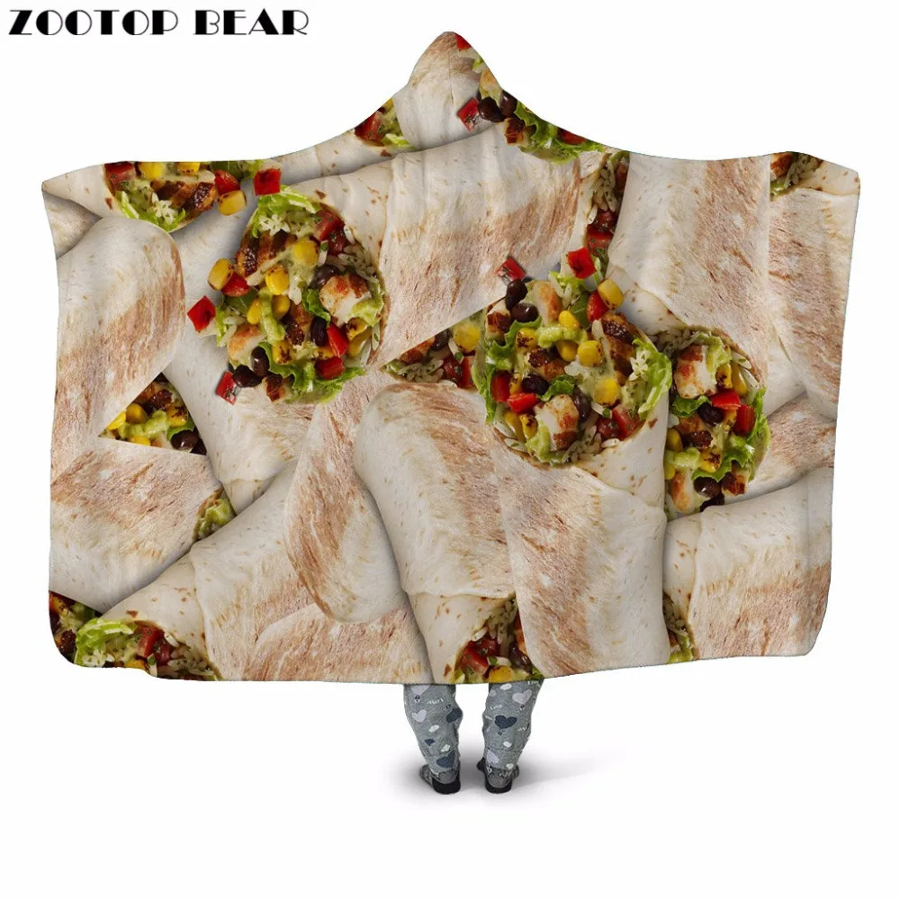 Еда Burrito Tortill 3D печатных плюша на меху с капюшоном и застежкой Одеяло способный