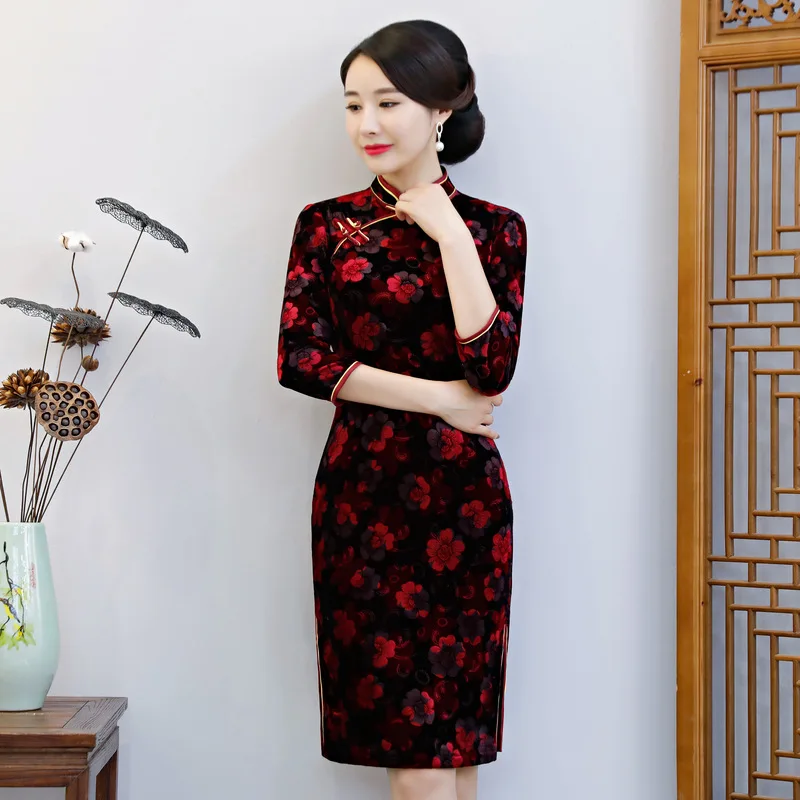 Модные женские туфли 'размеры s и m ini Cheongsam Весна новое поступление китайский Стиль велюр элегантное платье Qipao Vestidos Размеры s m L XL XXL XXXL 4XL - Цвет: Red - B