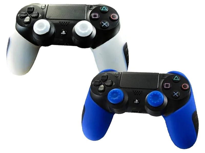 White and Blue Тонкий мягкий силиконовый резиновый чехол-накладка для sony Play Station 4 PS4 DS4 Pro(чехол X 2+ ручки для большого пальца X 4 - Цвет: White and Blue