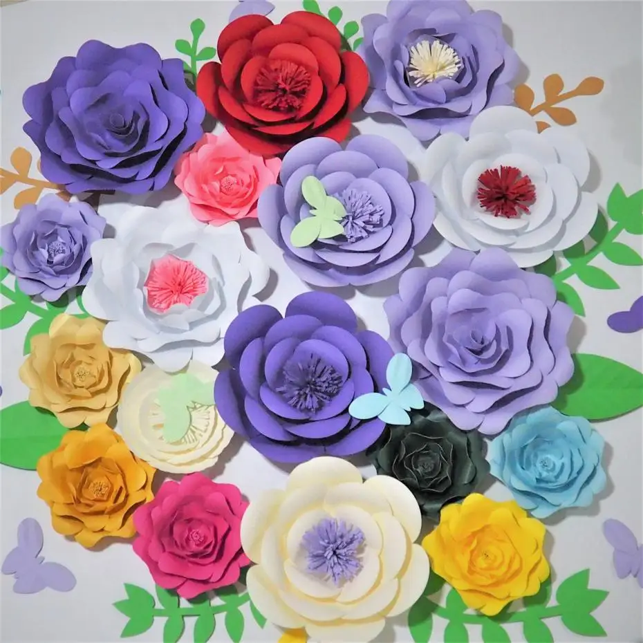 

2018 Latest 18 Giant Paper Flowers + 9 Butterfly + 10 Leaves girl's party wedding decor photo booth backdrop Wedding backdrops