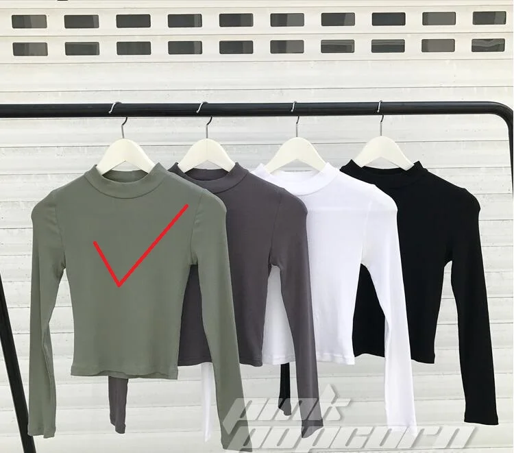 green short length Женская Базовая футболка, одноцветная облегающая футболка, футболки с длинным рукавом, женские Стрейчевые облегающие укороченные топы, повседневные белые футболки Femme - Цвет: green short length
