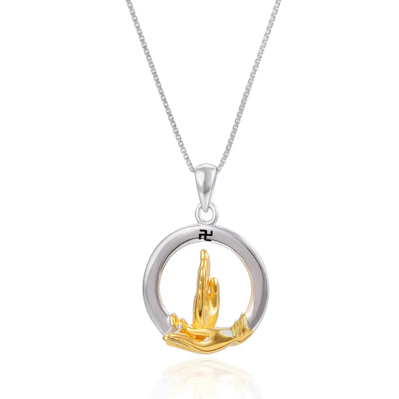 

YJ00991 Unisex S925 Pure Silver Necklace Plated Gold Buddhist Handprint Pendant Clavicle Chain Life-saving Buddhist Ornament