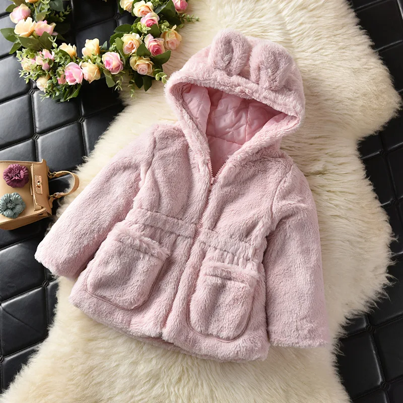 

PPXX Winter Children Girl Faux Fur Jacket Coat Cotton Parka Kids Clothing with Ear Hooded Children Rabbit Cartoon