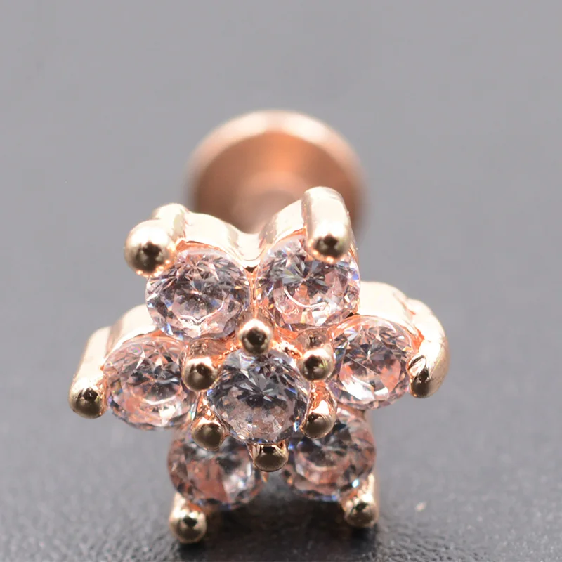 Rose gold Flat End 2 шт 1,2x6 мм Цветок Циркон цветы губы кольцо пирсинг Лабрет Козелок Уха Пирсинг хирургическая 316 нержавеющая сталь ювелирные изделия для тела - Окраска металла: Rose gold Flat End