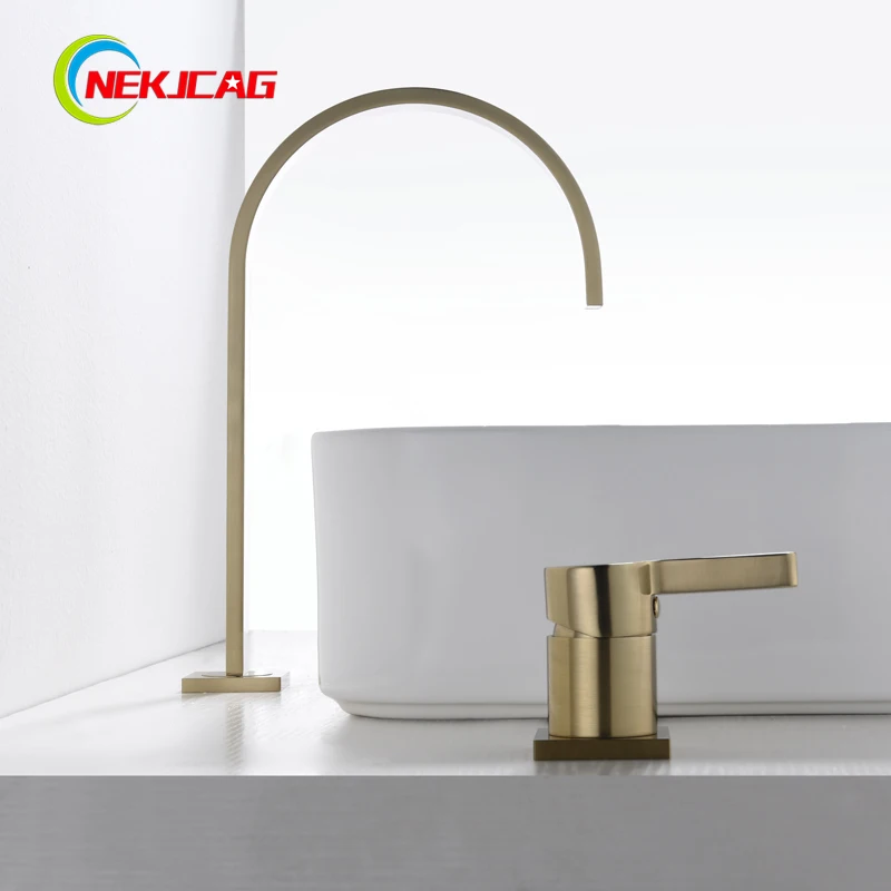 Copper Hot and Cold Double Hole Heightened Washbasin Above Counter Basin Faucet Brushed Gold Nordic Brass | Обустройство дома