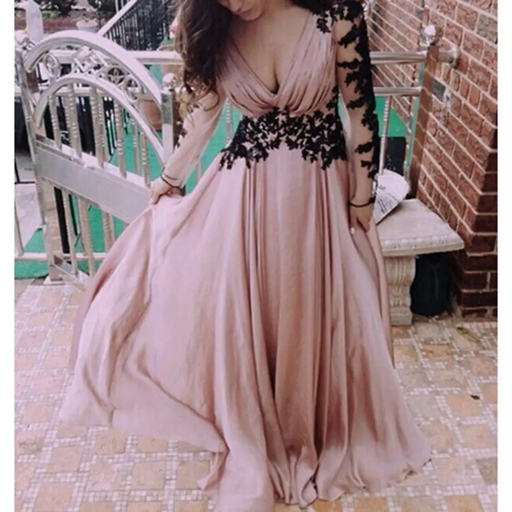 

MISSKY WomenSexy Elegant Mesh Lace Maxi Dress Sexy Deep V-Neck Backless Summer Dress High Waist Boho Long Dress