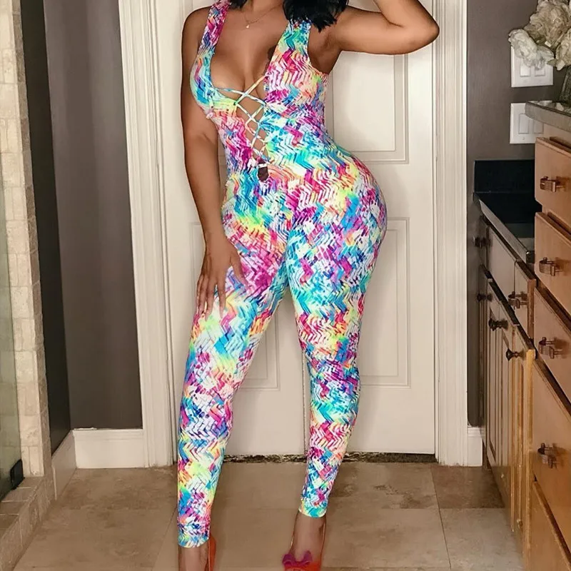 ANJAMANOR Tie Dye сексуальное БЕЗРУКАВНОЕ Бандажное обтягивающее комбинезон Женская