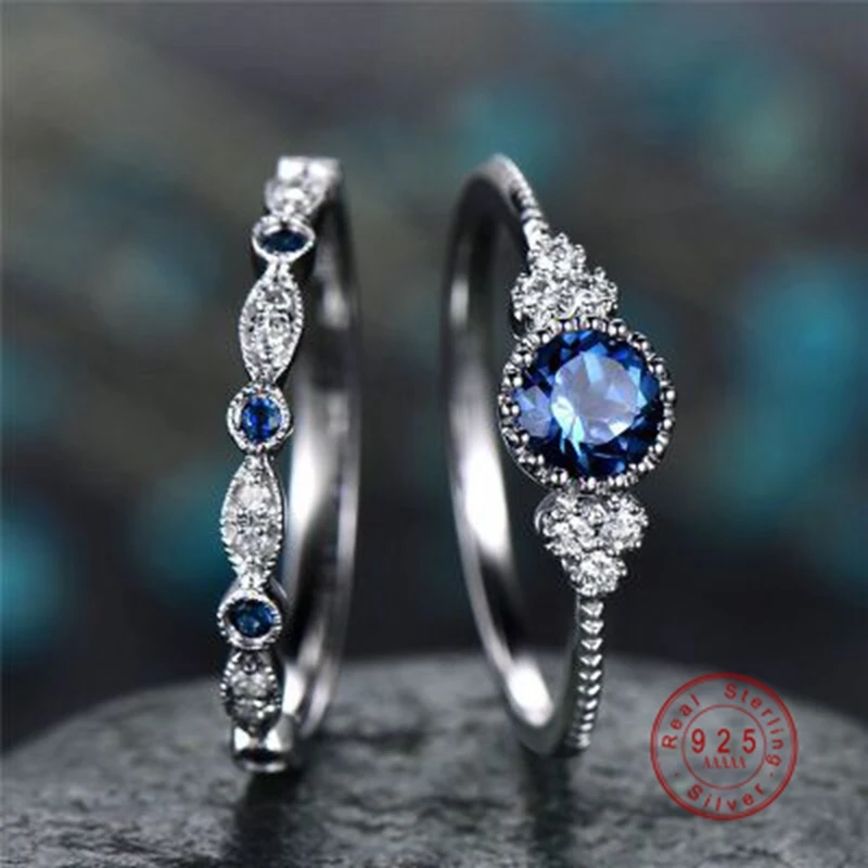 925 Silver Color Women Wedding Ring Set Sparkling Perfect Blue Round Cut Zircon Stone Rings Female Party Engagement Fine Jewelry