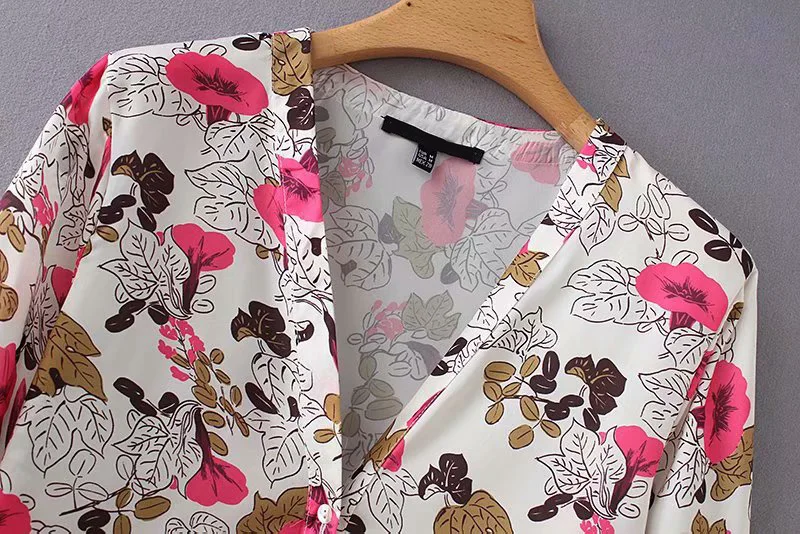 Women Elegant V neck Floral Blouse Long Sleeve Autumn Spring Printed Ladies Shirt Female Slim Casual Tops ZA8981 |