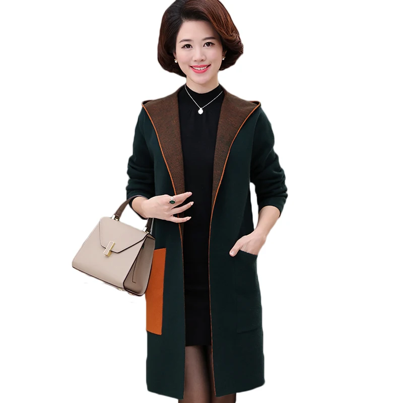 Middle-Aged Women Wool Blend Cardigan Sweater Coat Hooded Thick Long-Sleeved Single-Breasted Plus Size Women Sweater T319