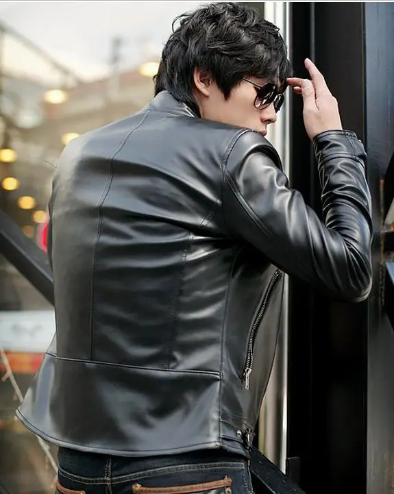 New Men's Spring And Autumn Clothing Slim Oblique Zipper Motorcycle pu Leather Outerwear Male Short Design Jacket #562950 | Мужская