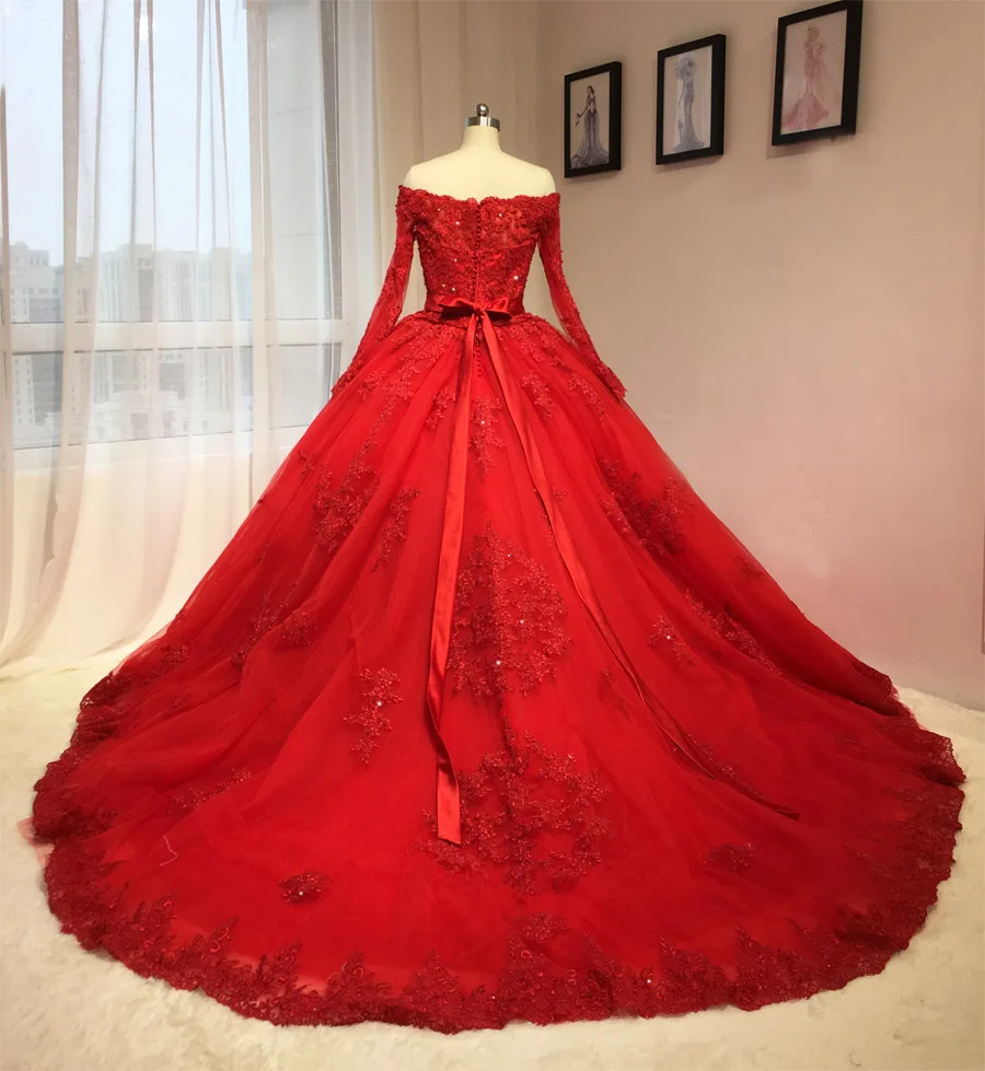 Красное свадебное платье с длинным рукавом и открытыми плечами|vestido de noiva princesa|noiva