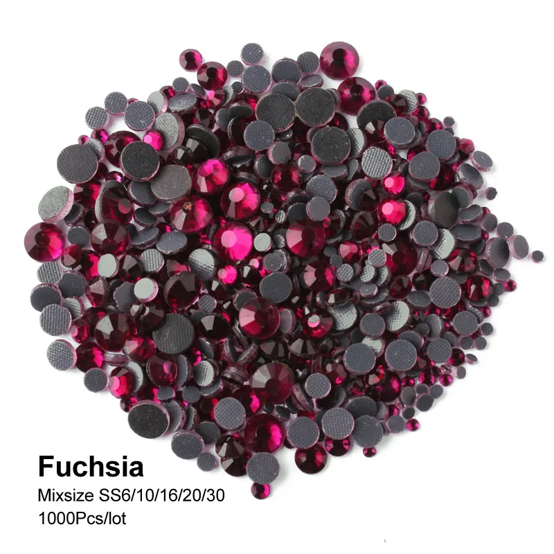 Fuchsia Горячая Распродажа, разноцветные блестящие стразы с горячей фиксацией, SS6-SS30, стеклянные стразы с плоским основанием, 1000 шт., украшение для одежды, сделай сам - Цвет: Fuchsia