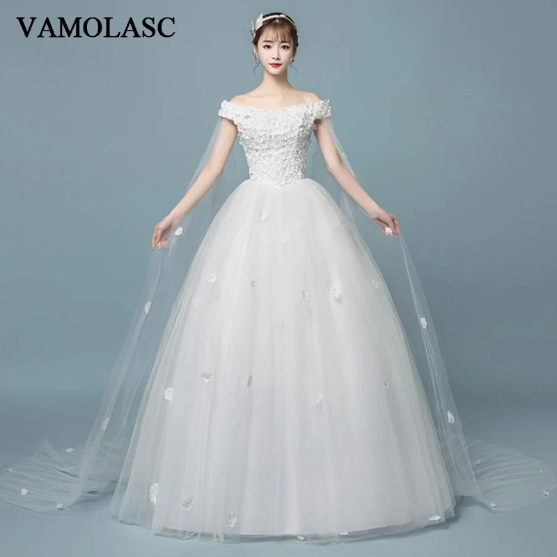 

VAMOLASC Boat Neck Lace Flowers Appliques Ball Gown Wedding Dresses Off The Shoulder Pearls Backless Bridal Gowns
