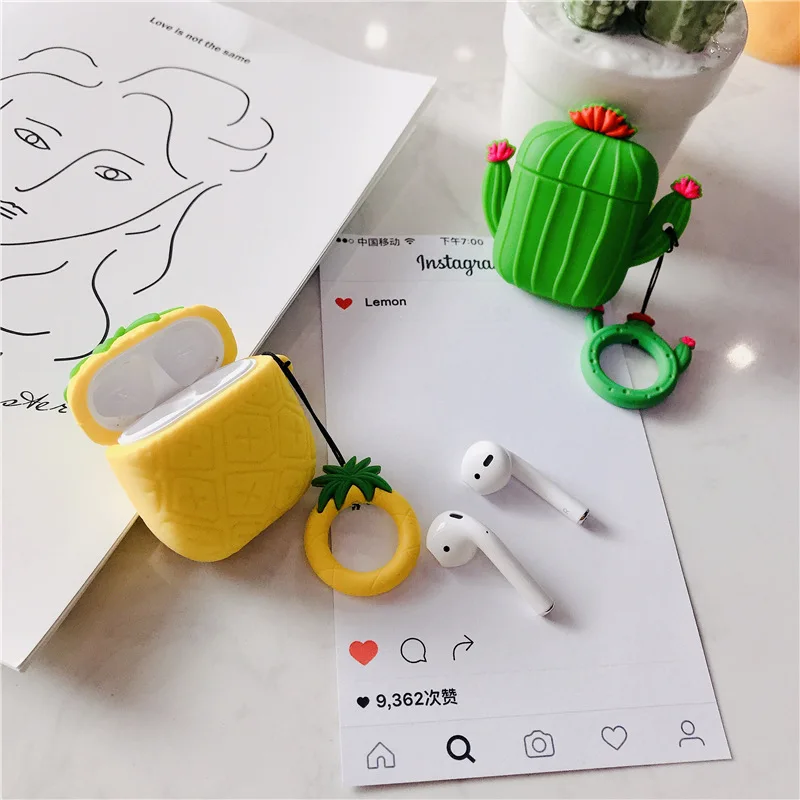 3D защитный чехол для AirPods, милый силиконовый чехол для наушников с Bluetooth, чехол для apple Airpods 2, уникальный дизайн Кактус, сосна, яблоко