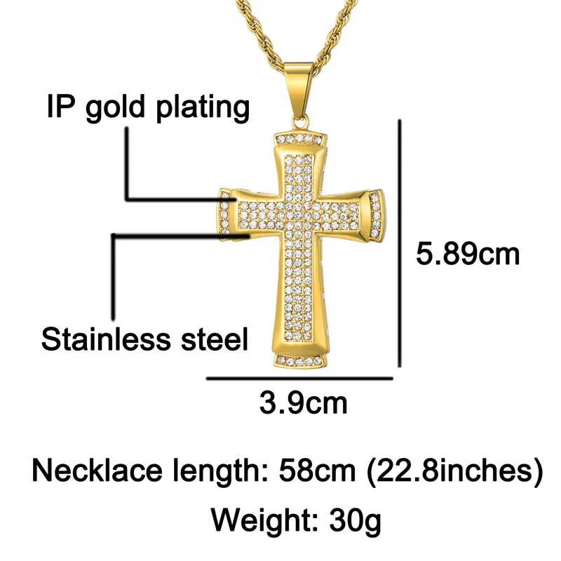 24&quot Link Chain Necklace For Men Hip Hop Stainless Steel Full Bling Rhinestone Cross Pendant | Украшения и аксессуары