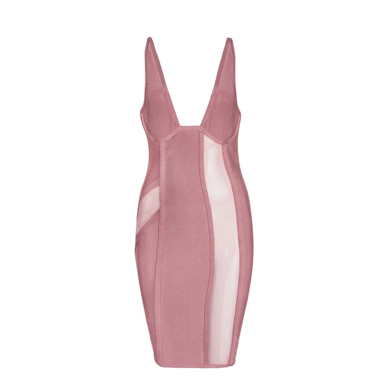 Женское Клубное платье на бретельках розовое черное до колена с глубоким v