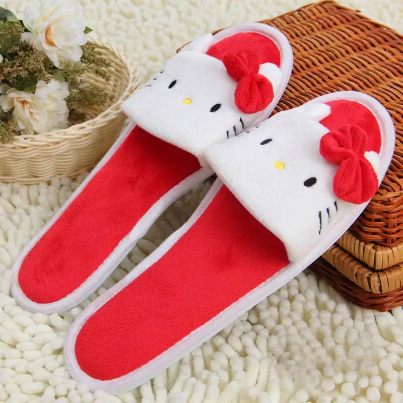 Красный Милые домашние тапочки для девочек с рисунком «hello kitty»; милые домашние тапочки с бантиками; женская обувь - Цвет: Красный
