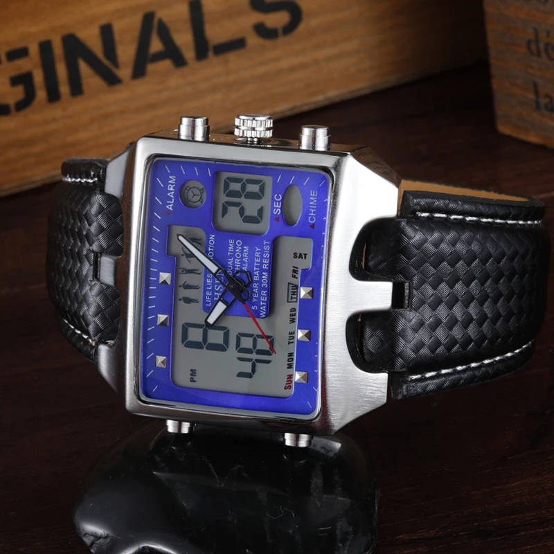 Мужские спортивные часы уличные военные с синим циферблатом черный кожаный