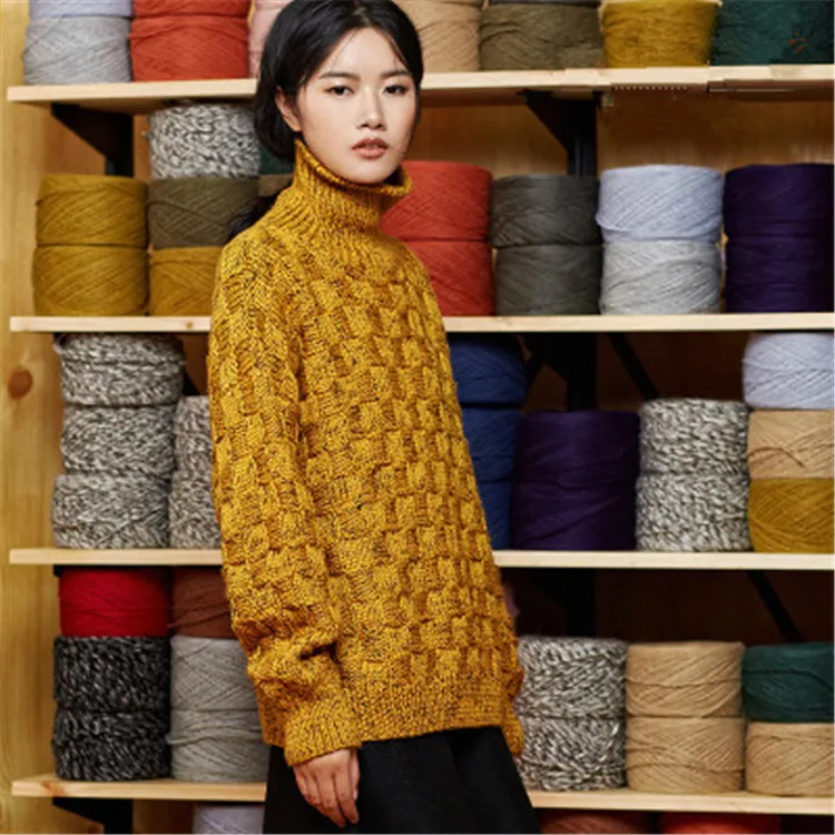 100%hand made pure wool turtleneck thick knit women streetwear loose H-straight pullover sweater one&ampover size | Женская одежда