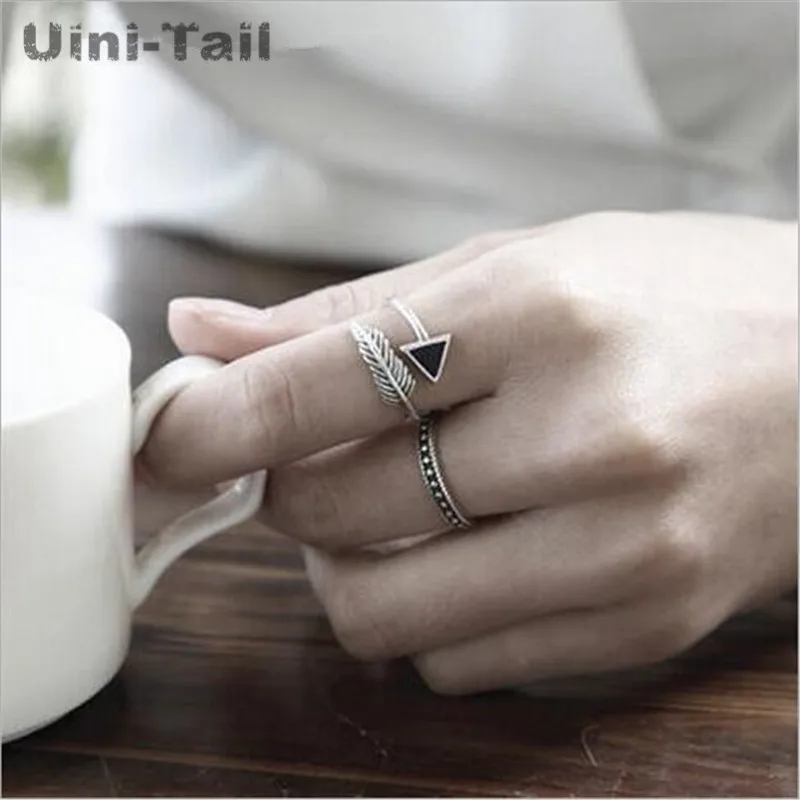 925 Sterling Silver Retro Crystal Triangle Feather Opening Ring - Female Korean Fashion Flow High Quality Jewelry - Wholesale image 3