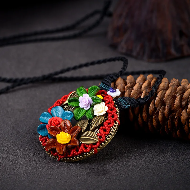 Antique Round Bronze Medal Flower Pattern Pendant Necklace Handmade Braided Rope Long China Ethnic Women Gift Jewelry | Украшения и