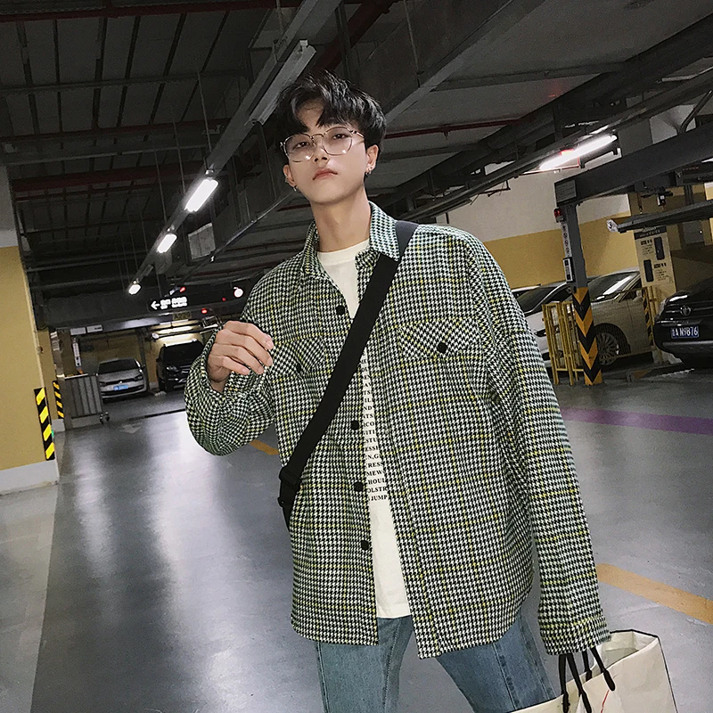 2018 Autumn Men's Lattice Printing Worsted Fabric Shirt Loose Coat Youth Brand Fashion French Cuff Red/yellow/green Shirts M-XL | Мужская