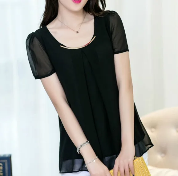 Корейские Новые Blusas Femininas размера плюс 4XL Элегантные короткие летние блузки белые тонкие складные прозрачные блузы, шифоновые рубашки женские топы - Цвет: Black Short Sleeve
