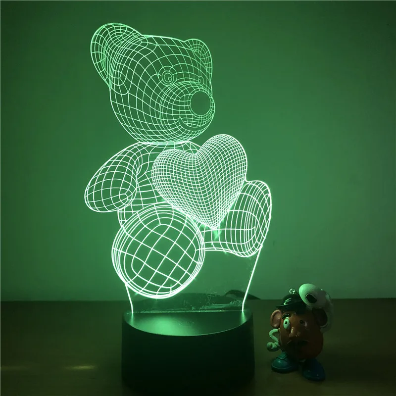 3D LED Night Light Cute Teddy Bear Love Heart Action Figure 7 Colors Touch Optical Illusion Table Lamp Home Decoration Model | Лампы и