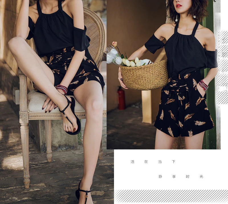 

New women clothes Spring and summer new style Bohemian chiffon top Black hanging neck t-shirt One-shoulder top
