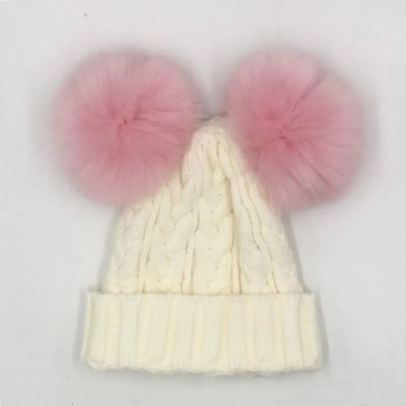 Детская зимняя шапка с помпоном из искусственного лисьего меха вязаная двумя