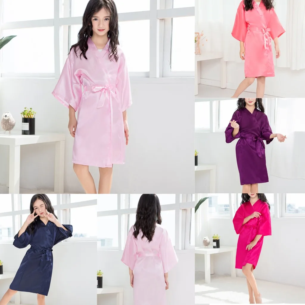Casual Solid Infant Children Girls Summer Robes Toddler Baby Kids Girls Solid Silk Satin Kimono Robes Bathrobe Sleepwear Clothes