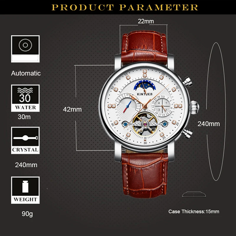 KINYUED Moon Phase Топ бренд для мужчин s механические часы автоматические Турбийон Скелет часы для мужчин календарь Relogio Masculino Прямая поставка