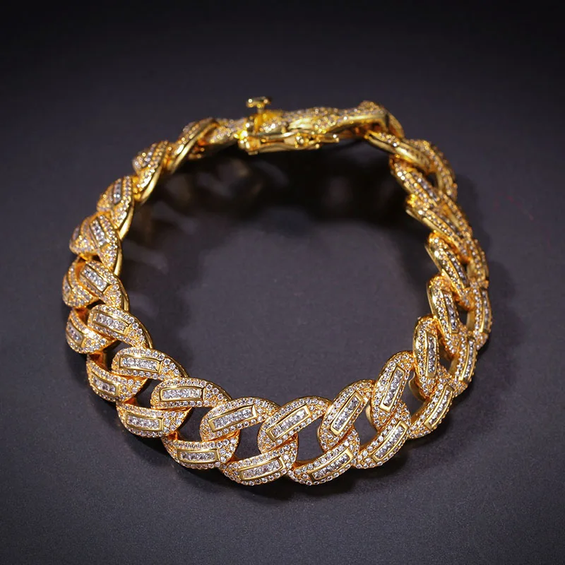 15 мм широкий микро проложенный квадратный AAA CZ камень Bling Iced Out круглые кубинские цепи браслеты для мужчин хип хоп раппер ювелирные изделия золотой цвет - Окраска металла: gold
