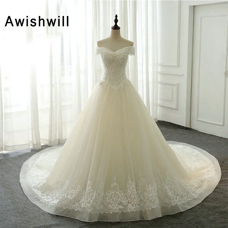 

Glamorous Chapel Train A-Line Wedding Dress 2020 Off Shoulder Beadings Lace Up Back Bride Wedding Gown Vestido de Noiva
